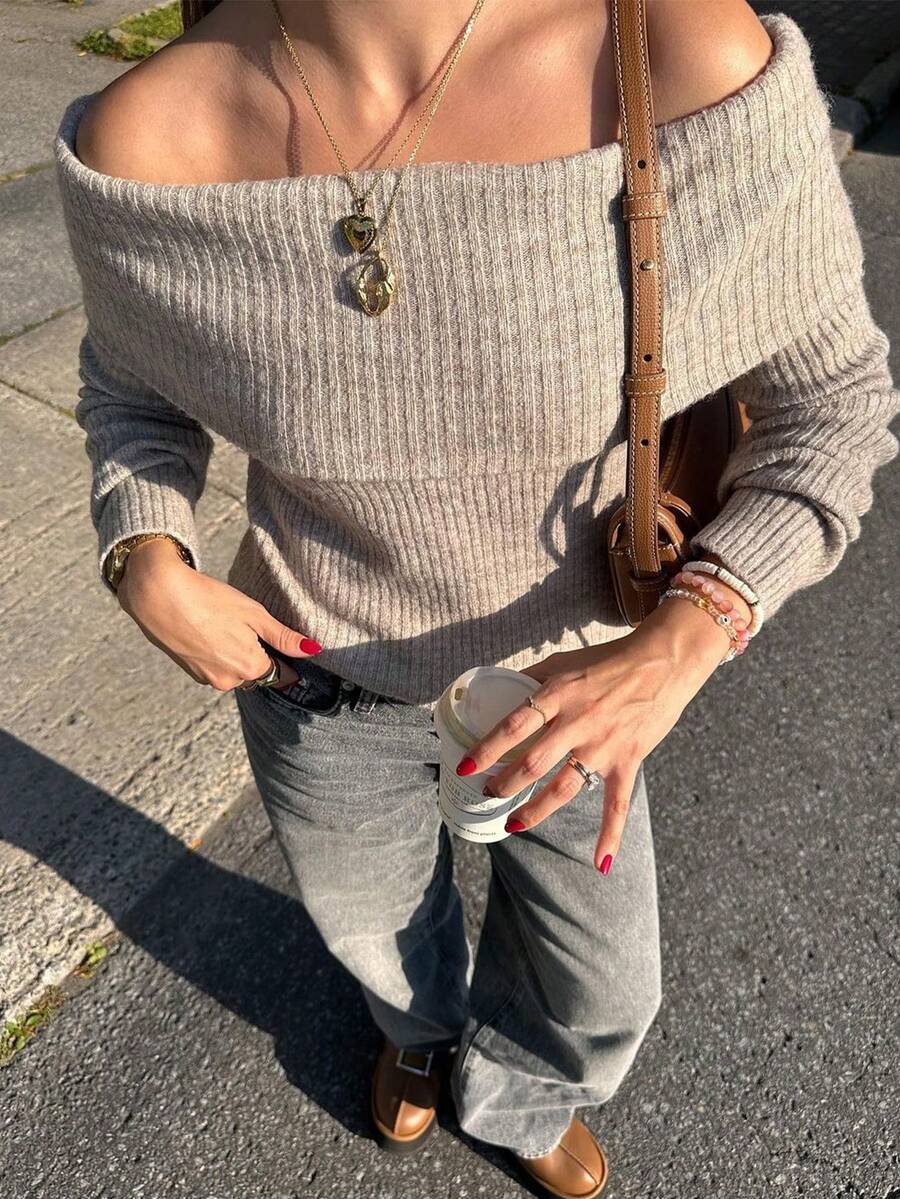 HoloChill 女士休闲纯色露肩罗纹套头毛衣，夏季休闲新品嘉年华 - 灰色 - 查看 1