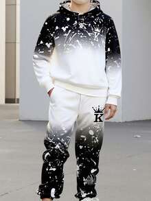 2 件套男童连帽卫衣和慢跑裤，泼墨印花，长袖，休闲，保暖，针织，时尚，适合春秋冬