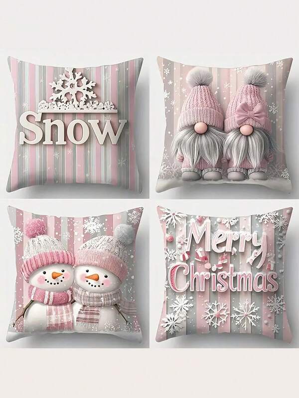 1/2/4pcs Pink Warm And Comfortable Christmas Pillowcase, 17.7" X 17.7" Beautiful And Practical Zipper Decorative Cover For Home Sofa And Bedroom