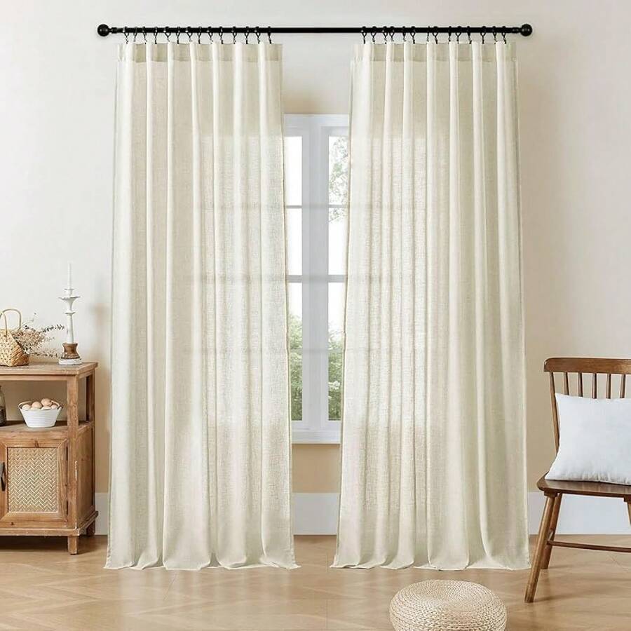 Sheer Curtains 84 Inches Long, White Curtains Living Room 2 Panels Set, Linen Curtains Window Privacy With Filtering (W52 X L84 Inch, Linen), Home Decor - 淺褐色的 - 查看 1