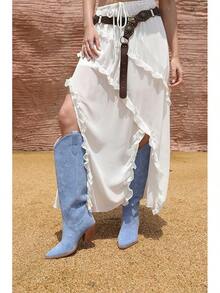 Cowgirl Boots Women Knee High Boots Pointed Toe And Block Heel Cowboy Suede And Faux Leather Boots With Embroidered - 藍色 - 查看 3