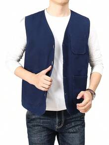 Men's Casual Outdoor Cotton Vest Lightweight Breathable Multi-Pocket Fishing Travel Vests OutwearChristmas IQWV - 02-海軍藍 - 查看 9