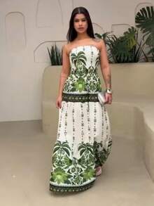Look Of Millions!!! Long Strapless Dress With Floral Print - Verde - Ver 4