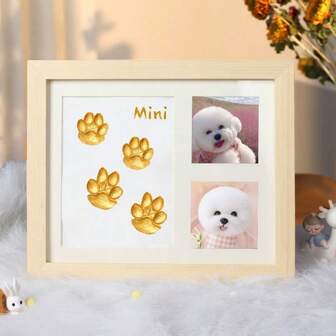 1 件宠物爪印相框，爪印纪念猫爪狗脚印收集粘土实木 DIY 相框，颜色随机