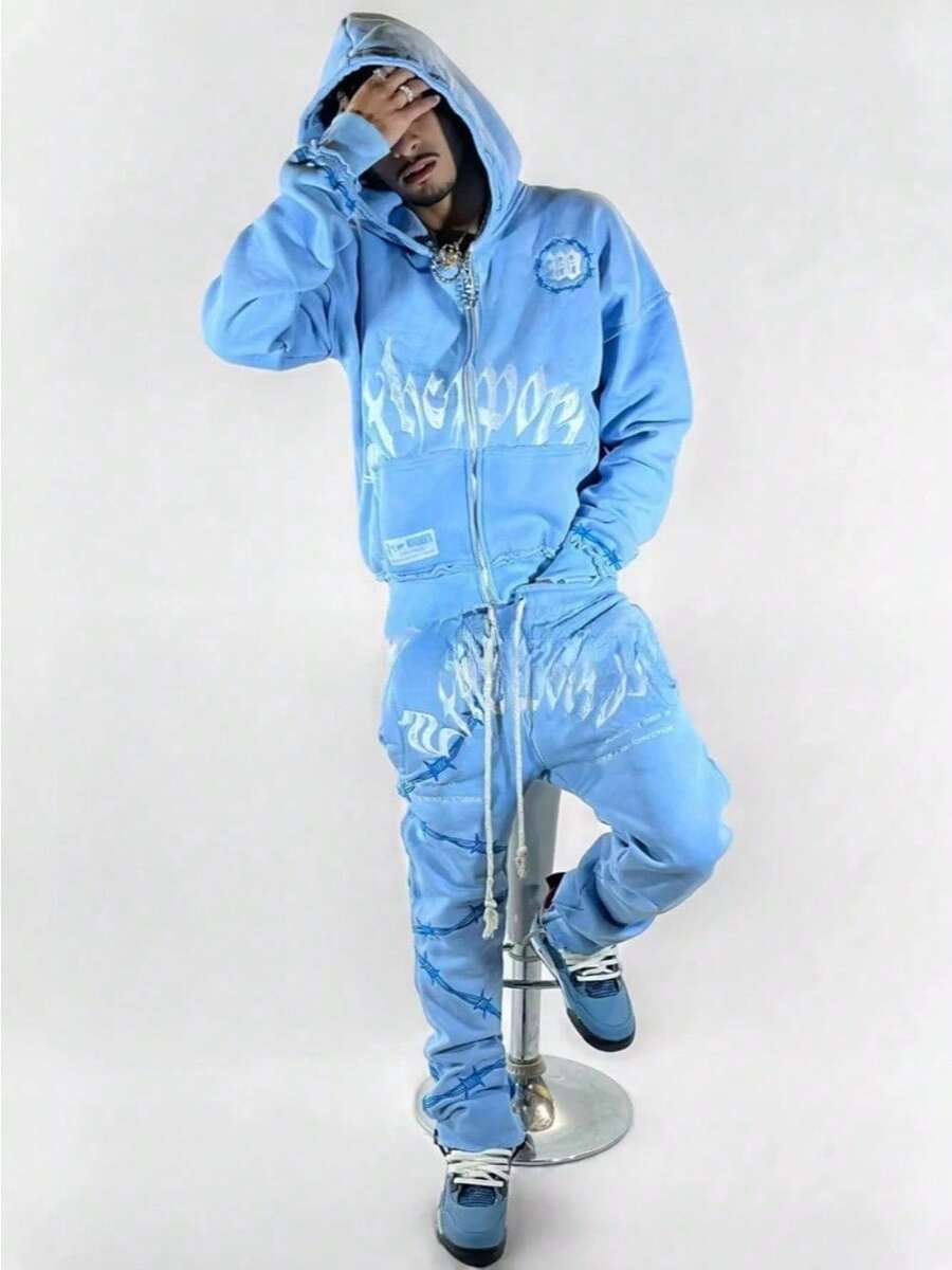 American Hip Hop Personality High Sense Cross-Border Gothic Printing Hoodie  Brand Loose Men's And Women's Sweater Set