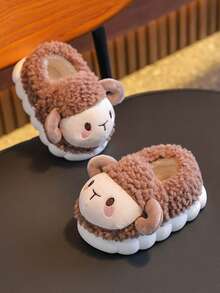 1 Pair Kids Cartoon Cute Sheep Plush Indoor Slippers, Soft Warm House Slippers For Girls And Boys, Winter - Brown - View 2