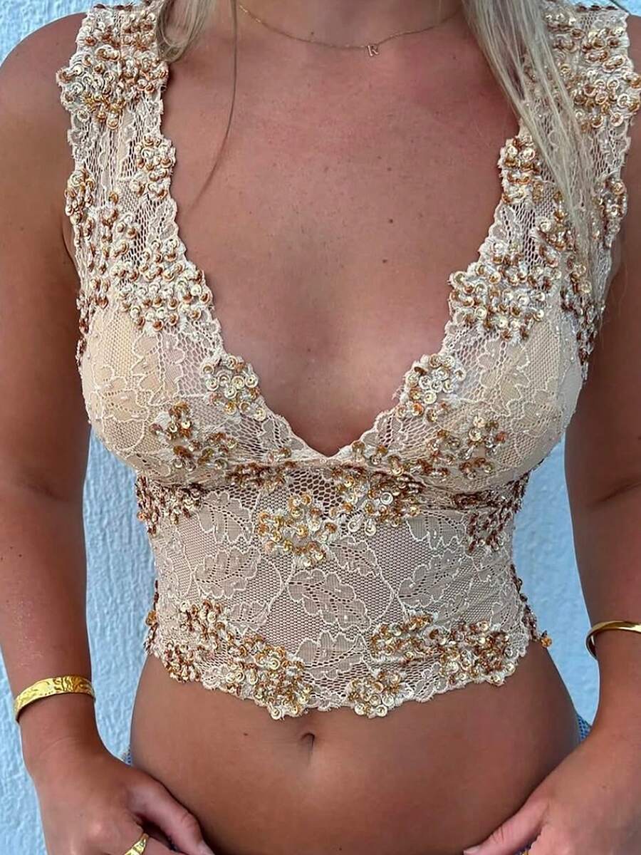 Women's Y2k Summer Lace Tank Top Embellished Cami Top Sleeveless Deep V Neck Slim Fit Crop Top Party Going Out Top Clubwear - 黃色 - 查看 1