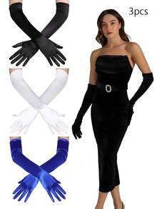 D EXCEED 1/3 双时尚晚宴缎面手套舞会手套长手套适合女士主题舞会服装成人中性肘长氨纶无指长手套服装手套均码适合所有万圣节