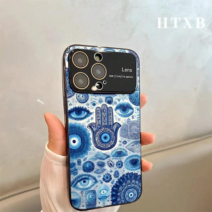 Teléfono electrochapado con diseño de ojos y carcasas azules | Funda AG Frosted Large View Window 2 en 1 para varios modelos, incluyendo las series 17, 16, 15, 14 y 13. - Negro - Ver 1