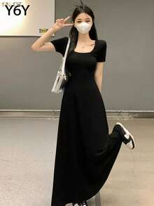 【Y6Y】黑色方领修身连衣裙 | 秋季法式优雅收腰显瘦连衣裙 - 黑色 - 查看 5