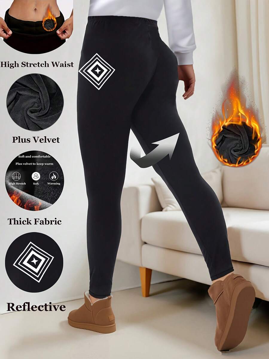 Women's Autumn/Winter Thermal Lined Geometric Star Print Leggings, Black, High Stretch, Suitable For Outdoor, Vacation, Walking, Fitness, Casual Wear - Black - View 1