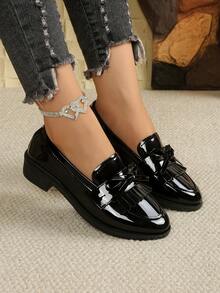 Women's Fashionable Flat Shoes, Bow Decor Slip-On Loafers - Black Elegant - View 5