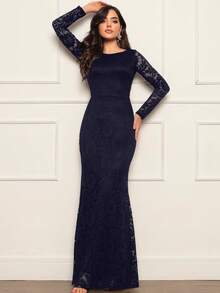 Long Party Dress Long Sleeve Lace Bridesmaid Wedding Graduation - Màu xanh hải quân - Xem 3