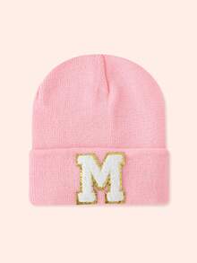 1pc Pink Children's Hat With 26 Letters, Knitted Beanie For Baby Boys And Girls, Warm For Outdoor And Daily Wear - Gold Label-pink Fluorescent Cap - View 9