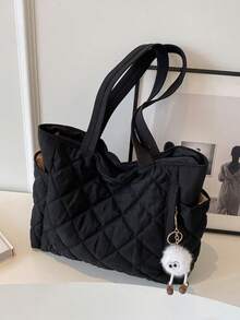New Stylish Large-Capacity Quilted Diamond-Encrusted Design With Double Handles And One Shoulder Tote Bag, Stylish, Lightweight And Portable, Suitable For Outdoor Travel In Summer, Decorated With Animal Pendants, Is A Must-Have Backpack For Travel. - 黑色 - 查看 5