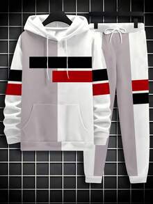 ZhuYa 撞色条纹图案搭配加大码男士连帽衫套装，春秋冬运动两件套 - Ins 风格加大码宽松连帽运动衫 + 抽绳运动裤，街头嘻哈百搭 - 彩色 - 查看 2
