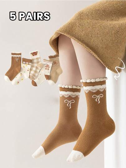 5 Pairs Kids Cute Cartoon Bear & Bow Lace Decor Mid-Calf Socks