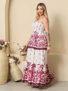 Look Of Millions!!! Long Strapless Dress With Floral Print - Tropical Pink - View 6