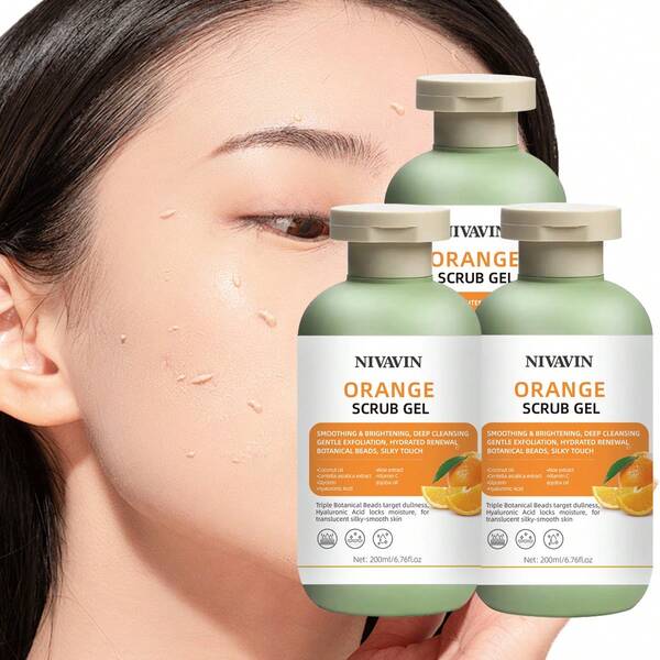 NIVAVIN NIVAVIN Gel gommage corporel 200ml à la fraise, à la pêche, à l'orange, à la vanille, à la rose, au citron et au curcuma avec de l'acide hyaluronique pour l'hydratation, de l'extrait de Centella Asiatica, de l'huile de jojoba, du squalane, de l'extrait d'aloe vera, de la vitamine C pour éclaircir la peau, de l'huile de noix de coco pour un exfoliant physique, doux et non irritant, hydratant et nourrissant