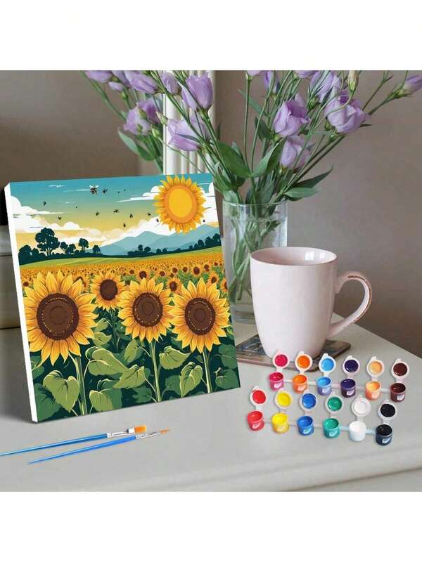 1 szt. Oprawione malowanie po numerach Słoneczniki z kreskówek Łatwe do malowania na płótnie Akrylowe rzemiosło Obraz do samodzielnego wykonania Prezent 20x20cm/7,87x7,87 cala