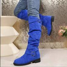 Mid Autumn/Winter Suede Pile Boots Women's Western Cowboy Boots Women's Retro Boots New Knight Boots Retro Flat Western Belt Buckle Boots - Màu xanh lam - Xem 7