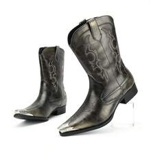 Metal Pointed Embroidered Men's Boots Retro Outdoor Cowboy Boots - 金色 - 查看 7