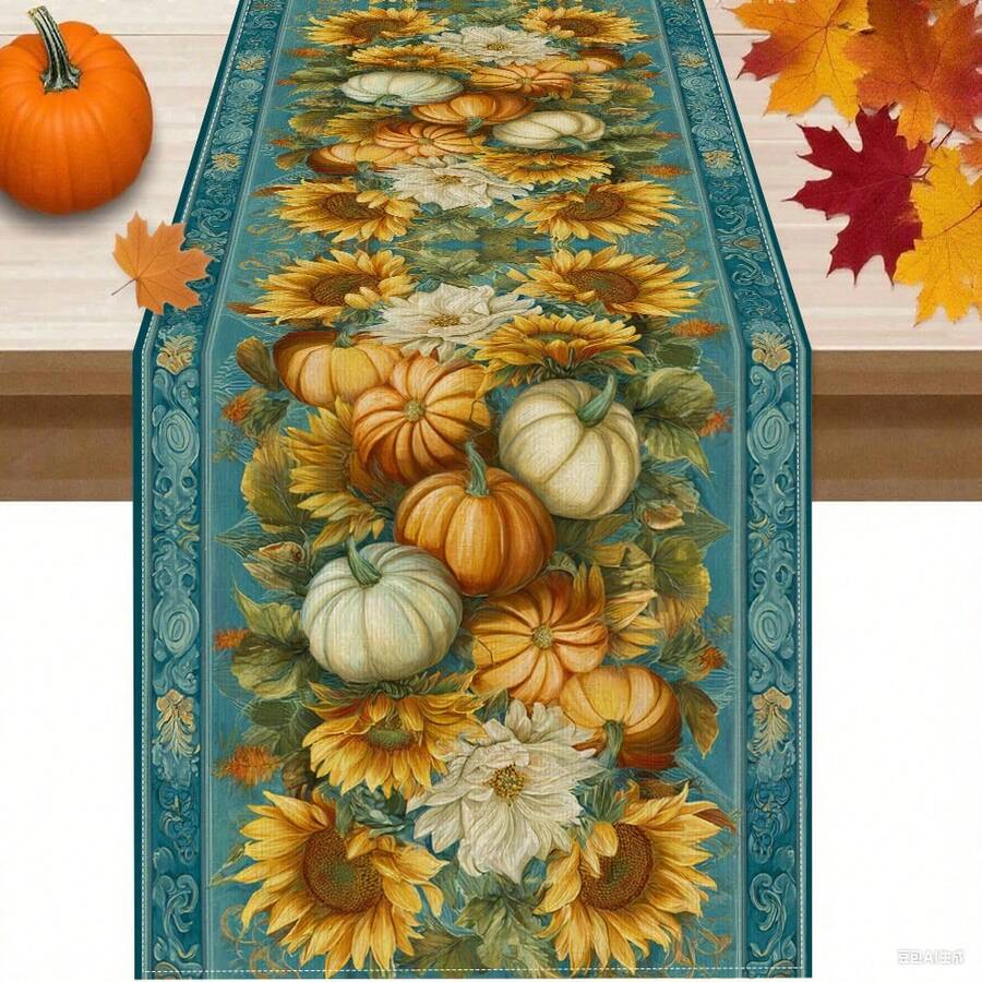 1/108 pièces Style pastoral d'automne et d'été Motif rétro de citrouille et de feuille d'érable Impression numérique Chemin de table de podium - Dîner en famille, décoration d'ambiance, convient pour les fêtes, les cadeaux, les cuisines, les salons, les banquets d'hôtel