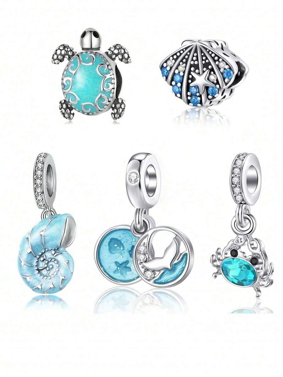 1 pieza Colgante con dijes de la serie Océano, con concha azul, estrella de mar, tortuga, cangrejo, cola de pez, concha marina, adecuado para hacer pulseras, collares, joyería, amuletos, manualidades, aretes, llaveros, tobillos, dijes para collares, dijes para bolsos