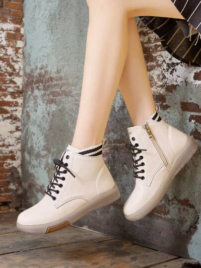 Women's Thick Sole Lace-Up Ankle Boots, Fashion Versatile Non-Slip Durable Comfortable High-Top Casual Shoes, Soft Bottom Lightweight Side Zipper Boots, Autumn/Winter