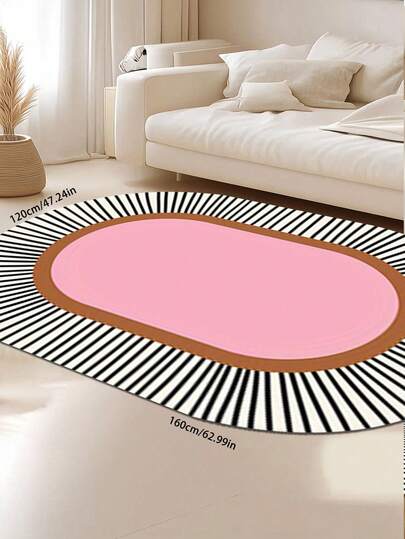 1pc Roze Gestreepte ative Rug, Oval Faux Wool Zachte Com Tafel Bedside Living Room Balcony Area Home Multiple Sizes Available Bedroom Small Outdoor Washable Plush Furry Thick/Fluffy view 4