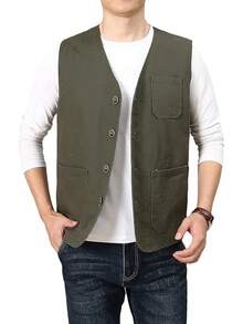 Men's Casual Outdoor Cotton Vest Lightweight Breathable Multi-Pocket Fishing Travel Vests OutwearChristmas IQWV - 02-綠色 - 查看 4