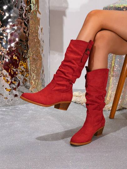 Women's Mid-Calf Boots - Western Style Side Zipper Pleated Slouch Boots - Autumn/Winter Thick Heel Suede Over-The-Knee High Boots - European Round Toe Thick Heel Non-Slip Slim Long Boots - Comfortable Walking Boots High Shaft Riding Boots - Slip-On Winter Boots