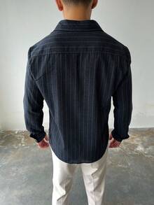 Men's Casual Commuter Striped Print Patchwork Pocket Long Sleeve Shirt, Spring/Autumn - Multicolor - View 8