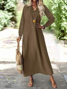 Elegancka, długa sukienka damska na jesień, z dekoltem w serek, nieprzezroczysta, na co dzień, do biura, na imprezę, sukienki damskie