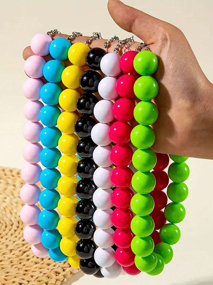 1pc Bohemian Style Plastic Acrylic Colorful Handmade Beaded Geometric Necklace, Summer Fashion Accessory, Gift For Women, Suitable For Beach And Daily Wear - Resin Hand-beaded Necklace - View 1