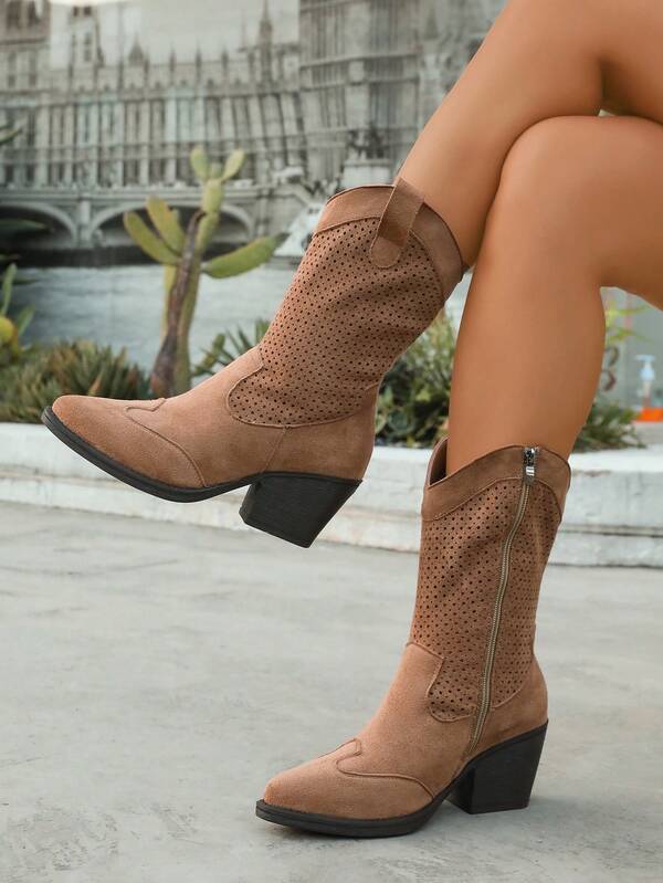 Pointed Toe Mid-Calf Western Boots, New Vintage Color Block Shaft, Versatile Chunky Heel Cowgirl Boots For Women, Autumn/Winter