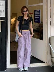 Summer New Cargo Pants Women, Loose Drawstring Wide Leg Cinched Ankles Functional Elastic Waist - Purple - View 2
