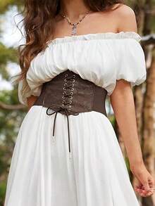 1pc Women's Renaissance Era Accessory, Coffee-Colored Sheer Lace Corset, Sexy Costume Suitable For Halloween Night Party Or Daily Outfit Matching