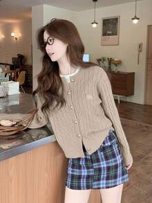 Cardigan Longgar Leher Bulat Warna Polos dengan Bordir untuk Wanita, Cocok untuk Beraktivitas Sehari-hari, Musim Gugur/Dingin - Khaki - View 3
