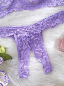 Sexy Lace Design Lingerie Set For Women, Featuring Seductive Hollow-Out And Thong Panties, Comfortable And Skin-Tight, Suitable For Romantic Trips And Fantasy Nights - Purple - View 4
