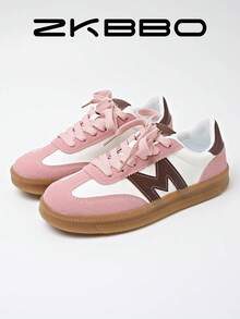 ZKBBO Women's Casual Sports Shoes, Retro Lace-Up Round Toe, Lightweight Comfortable Non-Slip Fitness Walking Sneakers - Pink - View 6