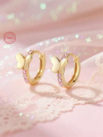 Artepollo 1pc 925 Sterling Silver Hypoallergenic Butterfly Hoop Earrings, Inlaid With Pink Zirconia, Sweet & Elegant, Gift Box Packaging, Suitable For Daily Or Holiday Wear, Gift For Girls, Friends, Back To School, Christmas