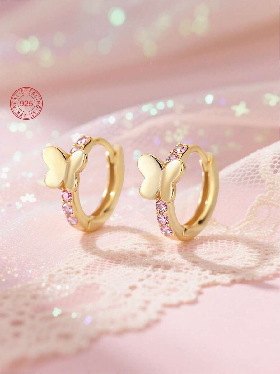 Artepollo 1pc 925 Sterling Silver Hypoallergenic Butterfly Hoop Earrings, Inlaid With Pink Zirconia, Sweet & Elegant, Gift Box Packaging, Suitable For Daily Or Holiday Wear, Gift For Girls, Friends, Back To School, Christmas