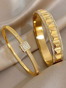 Juego de pulseras de acero inoxidable chapadas en oro de 18K con circonita, joyas de lujo y moda para mujeres, para Halloween, Navidad, Acción de Gracias, estilo bohemio, para uso diario, fiestas de verano, regalo para mamá, regalo de vuelta a la escuela, regalo de cumpleaños, regalo de aniversario, regalo de San Valentín