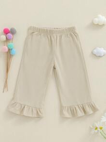 Baby Girl Corduroy Pants Fashionable Frill Hemmed Solid Color Ankle Length Trousers Daily Wear - Khaki - View 6