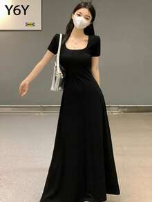 【Y6Y】黑色方领修身连衣裙 | 秋季法式优雅收腰显瘦连衣裙 - 黑色 - 查看 4