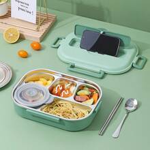 1500ML 304 Stainless Steel Lunch Box With Cutlery & Soup Bowls, 4/5-Compartments Microwave Heatable Bento Box, Leak Proof Fruit Salad Food Container, Reusable Lunch Container, Hot Water Heating, Suitable For Students & Adults To Use In School, Office, Camping, Travel, Picnic, Back To School - Multicolor - View 3