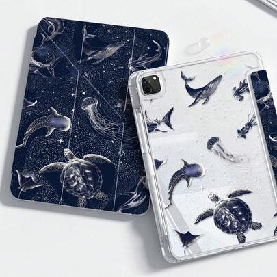 蓝色海洋元素亚克力透明水晶Y型折叠背板，双面彩色涂层，蓝鲸、海龟和水母图案，防震，兼容第七代和第八代10.2英寸笔记本电脑。附赠第十代防震保护套，内置笔槽，具备睡眠唤醒功能，是春季生日礼物的理想之选。