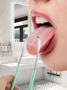 1pc 420 Stainless Steel Tongue Scraper, U-Shaped Deep Cleaning Tongue Cleaner, Halitosis Removal, Oral Care, Wide Angle Scraper, Convenient Design - Green - View 3