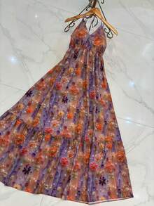 Long Dresses With 3D Multicolored Print, New Model With Tie At The Back And Bare Back - Dusty Pink - View 2